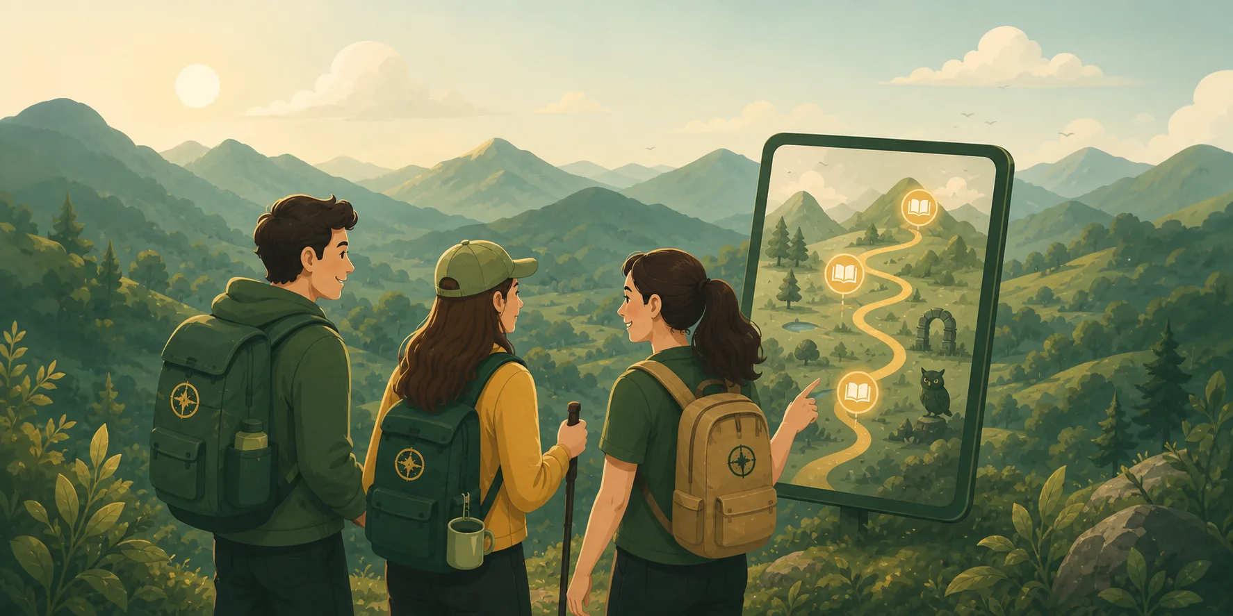 Three friends walk a shared trail beside their LoreWalker map.