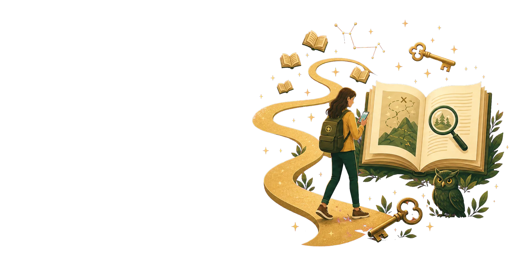 A traveler follows a golden road toward an illustrated storybook.